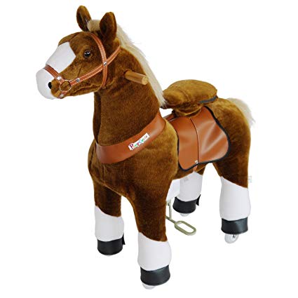 PonyCycle Official Riding Horse Toy No Battery No Electricity Mechanical Pony Brown with White Hoof Giddy up Pony Plush Walking Animal for Age 3-5 Years Small Size - N3151