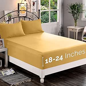 Elegant Comfort 1500 Premium Quality Fitted Sheet Ultra Soft 18-24 Inch Extra Deep Pocket - Single Fitted Sheet for High Mattress - Wrinkle Free with Smart Storage Pockets, King, Camel-Gold