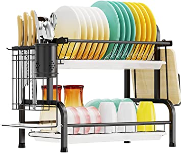 Dish Drying Rack, Cambond 304 Stainless Steel 2 Tier Dish Rack with Drain Board, Utensil Holder, Cutting Board Holder, Rustproof Dish Drainer for Kitchen Countertop, Black
