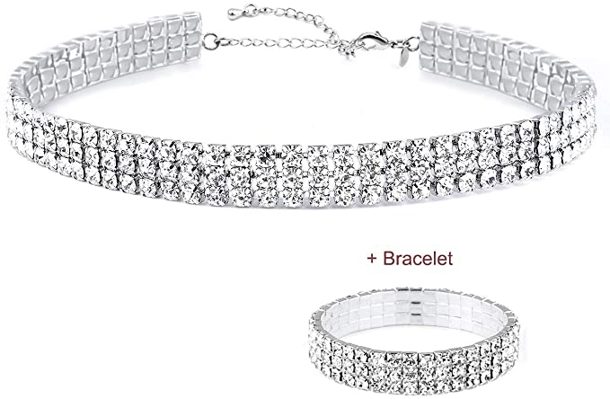 16K Gold Plated 1-6 Rows Rhinestone Choker Necklace & Bracelets Set Bridal Jewelry