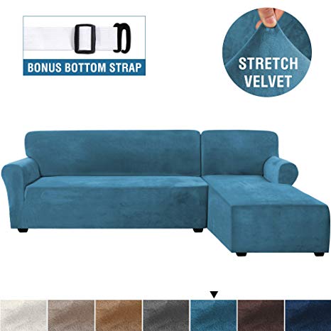 Rich Velvet Stretch 2 Pieces L-Shaped Sofa Covers Anti-Slip Sectional Sofa Slipcovers with Straps Bottom Luxury Thick Velvet Corner Sofa Cover(Large Size=Right Chaise with 2 Seater, Peacock Blue)