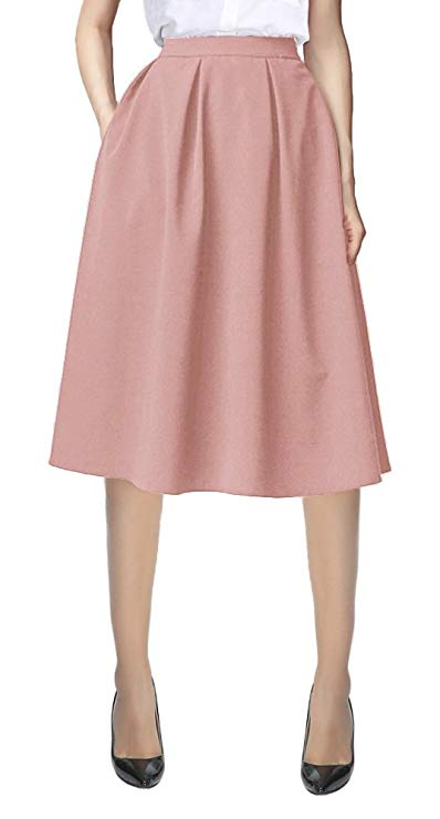 Women's Flared A line Pocket Skirt High Waist Pleated Midi Skirt