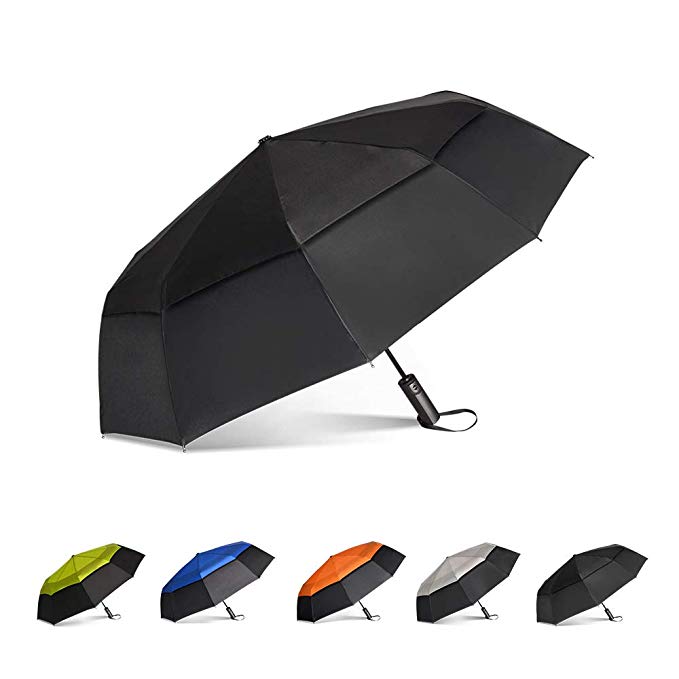 Brainstorming Large Travel Umbrella Windproof Compact Golf Umbrella Double Canopy Vented Automatic Open Rain Umbrella for Women Men, 47inch (Black& Black)