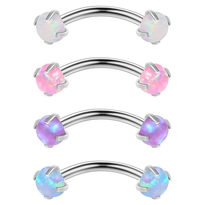 Ruifan 16G 3mm Opal Internally Threaded Curved Barbell Eyebrow Belly Lip Tragus Ring Piercing Jewelry 4PCS