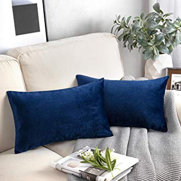Phantoscope Pack of 2 Velvet Decorative Throw Pillow Covers Soft Solid Square Cushion Case for Couch Navy Blue 12 x 20 inches 30 x 50 cm