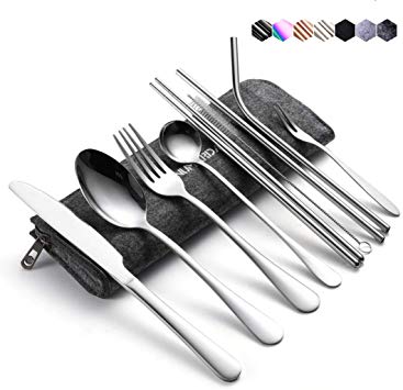 NUMARDA 9-Piece Portable Utensils,Travel Camping Cutlery Set, Travel Utensils, Camping Utensils Set , Stainless Stee Flatware set, Silver Product and Medium Gray Bag