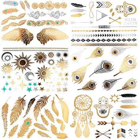 COKOHAPPY 6 Sheets Jewelry Temporary Tattoo , Universe Wing Feather Dream Catcher Flash Metallic Tattoo in Gold Silver , Easy to Apply and Long Lasting for Women