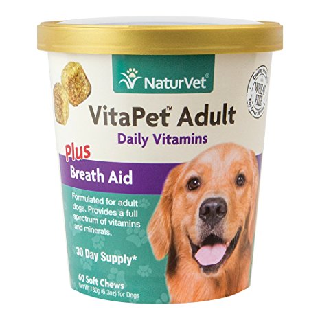 NaturVet VitaPet Adult Daily Vitamins Plus Breath Aid for Adult Dogs, 60 ct Soft Chews , Made in USA