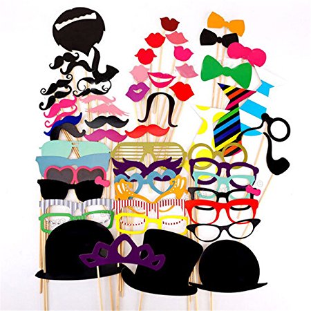 #1 Rate Photo Booth Props ,Alenca 58 pcs Photo Booth Props DIY Kit for Wedding Birthdays Party Reunions Dress-up Photobooth Accessories & Party Favors,Hats,Glasses,Costumes Mustache on stick