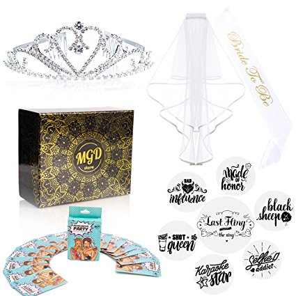 Bachelorette Party Kit Bride-to-be Pack by MGD Store | Bridal Veil and Rhinestones Tiara, Personalized Tattoos, Satin Sash and Dare Playing Cards   eBook on Smart Wedding Planning