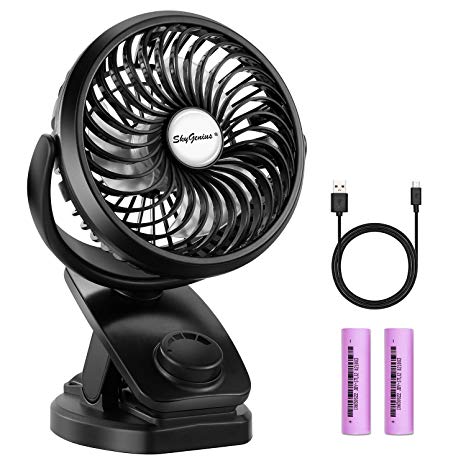 SkyGenius Battery Operated Clip on Mini Desk Fan, Rechargeable Baby Stroller Fan W/ 4400mA Batteries(Max 32 Hours)