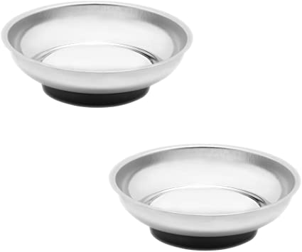 totalElement 4 1/4 Inch Round Magnetic Parts Tray, Heavy-Gauge Polished Stainless Steel with Non-Toxic Lead-Free Rubber Base (2 Pack)