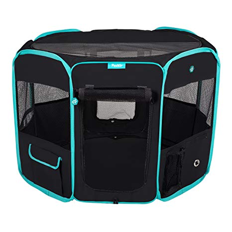 Pawdle Deluxe Premium Foldable Portable Traveling Exercise Pet Playpen Kennel Cats, Dogs, Kittens and All Pets - Travel Carrying Case - in Ground Stakes - Removable Shaded Cover and Bottom by