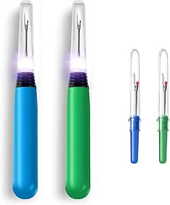 Chuangdi Seam Ripper Tool with Light Kit 2 Large LED Seam Ripper (Batteries Included) and 2 Small Sewing Thread Remover Sewing Stitch Rippers Cutter Opener Illuminate Sewing Accessories (Blue, Green)