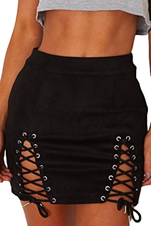 Laucote Womens Sexy High Waist Lace Up Bodycon Faux Suede Split Tight Mini Skirt