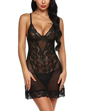 Women Sexy Lingerie Floral Lace V Neck Halter Mesh Chemise Sleepwear Strap with G-String