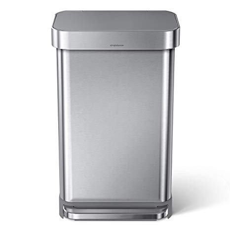 simplehuman 45 Liter / 12 Gallon Rectangular Kitchen Step Trash Can with Liner Pocket, Brushed Stainless Steel with Grey Plastic Lid