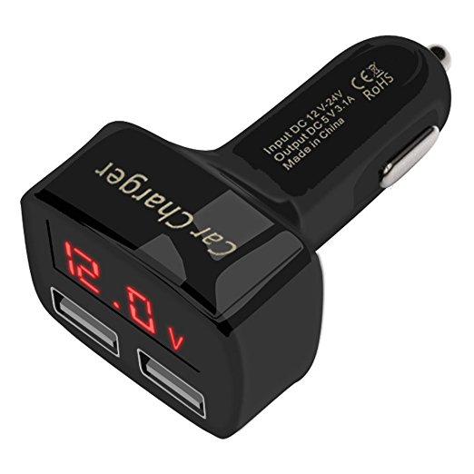 Efanr® Universal 4in1 3.1A Dual 2 USB Ports Rapid Quick Car Charger - Digital Displays Voltage, Amps and Internal Temperature for iPhone Samsung Most Android Smartphones, Tablets & Other Devices