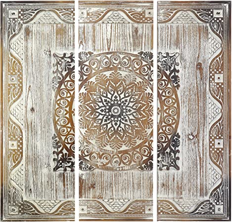 CASOLLY Wooden Wall Art Carved Floral Wall Decor Leaf Brown, Modern Wood Wall Hangings-Set of 3,39"x36"x1" （3 Pcs)