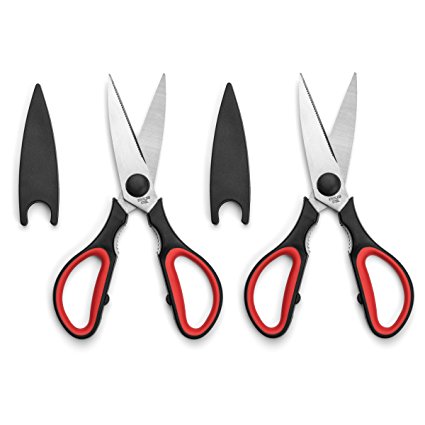 Multi-purpose Kitchen Scissors Set of 2 with Protective Cap, Corrosion Resistant Serrated Stainless Steel Shears, Heavy Duty, Ultra Sharp, Red and Black, Plus Cooking Secrets eBook