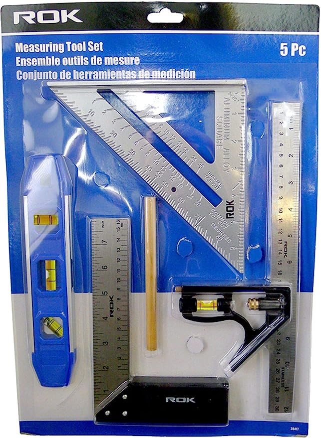 ROK 5 Pc Measuring Tool Set | Christmas Gifts For Men Hobbyist | Carpenters | Cabinet Makers | 12" Inch Combination Square | 7" Inch Quick Angle Square | 8" Inch Try Square | 9" Inch Torpedo Level with Magnetic Base and Carpenter Pencil