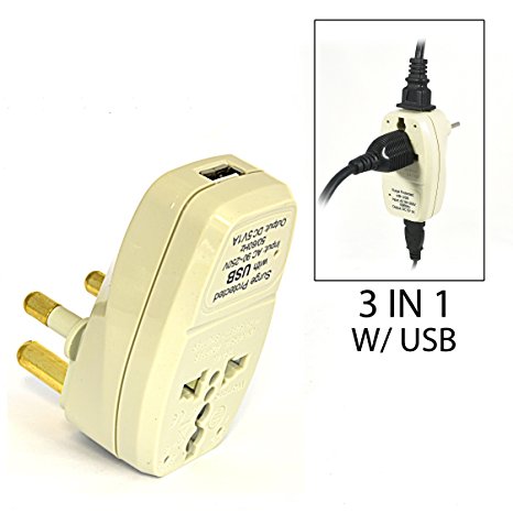 OREI 3 in 1 South Africa Travel Adapter Plug with USB and Surge Protection - Grounded Type M - S. Africa & More