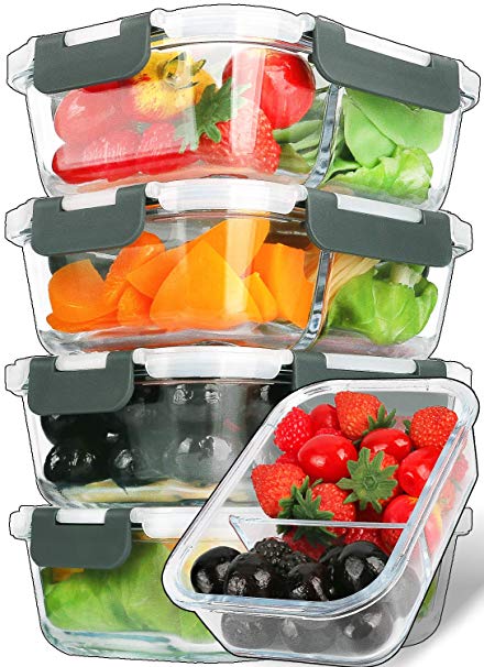 [5-Packs,29 Oz]Glass Meal Prep Containers 2 Compartment with Upgraded Snap Locking Lids Glass Food Storage Containers,Microwave,Oven,Freezer and Dishwasher Safe