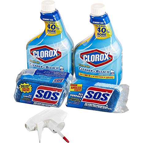 Clorox Clean-Up Bleach Cleaner Spray and S.O.S All Surface Scrubber Sponge Value Pack – Two 32 Ounce Bottles and 4 Sponges