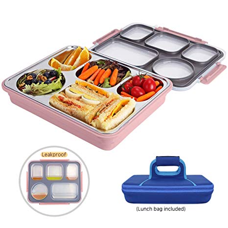 Large Bento Box with Removable Stainless Steel Tray -Leakproof Bento Lunch Box with 5 Compartments for Adults - Lunch Bag Included On-the-Go Meal and Snack Packing (Pink)