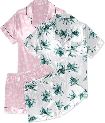 Ekouaer 2 Pack Womens Pajama Sets Silk Satin Short Sleeve Button Down Sleepwear Top and Shorts Pjs Lounge Set S-XXL