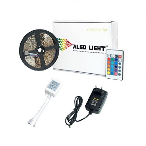 ALED LIGHT 164foot5Meter SMD 3528 300 LED Non-Waterproof Flexible RGB Color Changing LED Strip Light Kit  24Key IR Remote  Reciever  12V 3A Power Supply  Product Manual