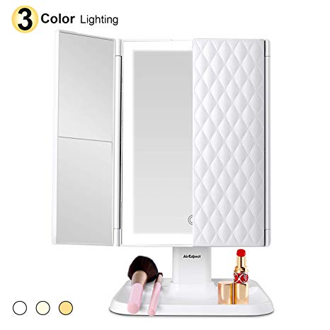 Makeup Mirror Vanity Mirror with Lights - 3 Color Lighting Modes Trifold Mirror with 72 LEDs, Touch Control, 1x/2x/3x Magnification, Portable High Definition Cosmetic Lighted Up Mirror