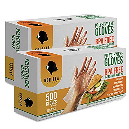 1000 BPA Free Disposable Poly PE Gloves Large, Food Grade, 2 Pack of 500