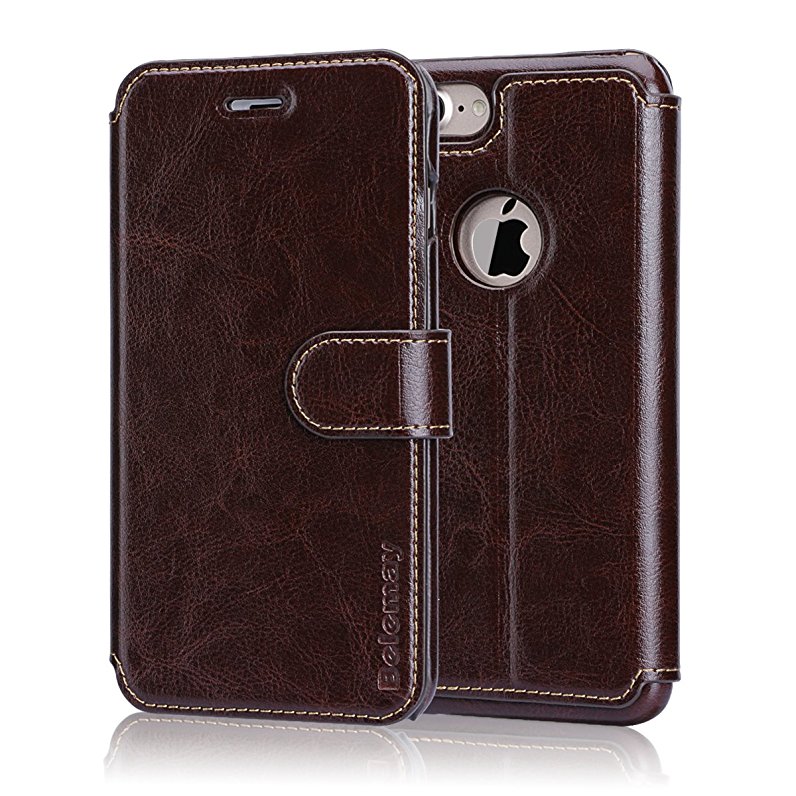 Belemay iPhone 6S Plus / 6 Plus Case, Genuine Cowhide Wallet Leather Case, Flip Cover with Magnetic Closure Credit Card Holder Kickstand Money Pouch for iPhone 6s Plus & iPhone 6 Plus - Coffee Brown