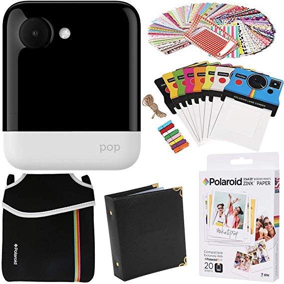 Polaroid POP Instant Camera (White) Gift Bundle   Zink Paper (20 Sheets)   Pouch   100 Sticker Border Frames   Hanging Frames   Album