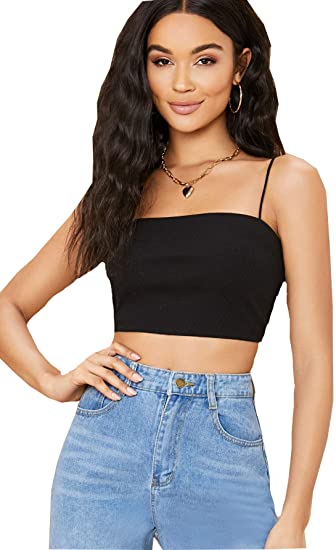 DIDK Women's Faux Fur Deco Spaghetti Strap Crop Cami Top