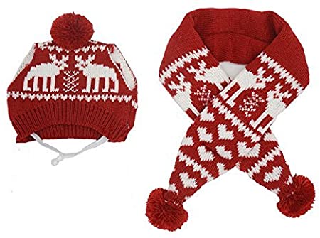 Alemon Pet Xmas Costume Accessories Knit Christmas Reindeer Scarf and Hat Set for Pet from Small to Large