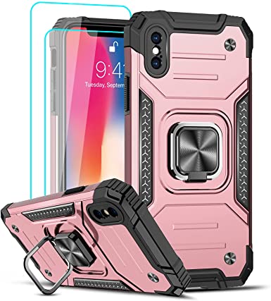 LeYi Compatible with iPhone X Case, iPhone Xs Case with [2 x Tempered Glass Screen Protector] for Men Women, [Military-Grade] Phone Cover Case with Ring Kickstand for iPhone X/XS/10, Rose Gold