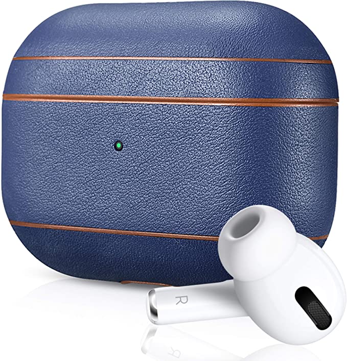 Air Vinyl Design, Leather Case for Apple AirPods Pro | Protective Case Cover | Wireless Charging Capability | Shockproof and Scratchproof Design (Navy | Brown Trim)