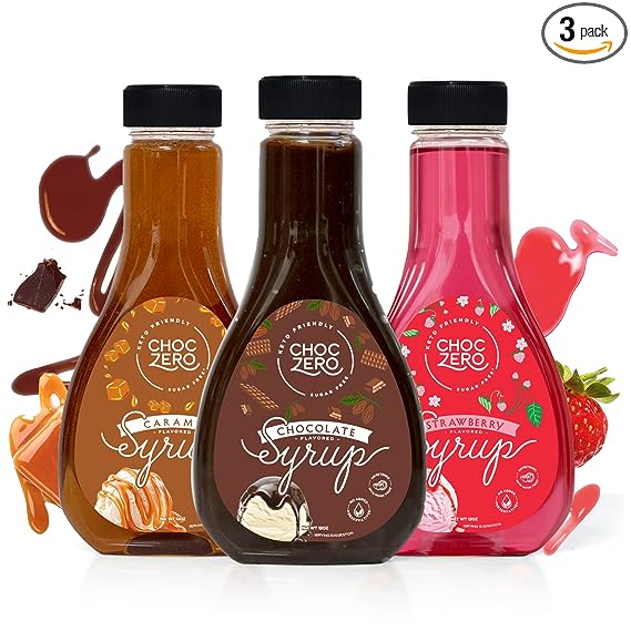ChocZero's Strawberry Syrup, Chocolate Syrup, and Caramel Syrup Combo. No Sugar Alcohols, Low Carb, Keto Friendly,No preservatives. Thick and Rich. Dessert,Sundae and Breakfast Topping(3 bottles)
