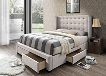 DG Casa Savoy Tufted Upholstered Wingback Panel Storage Bed Frame, Queen Size in Beige Fabric