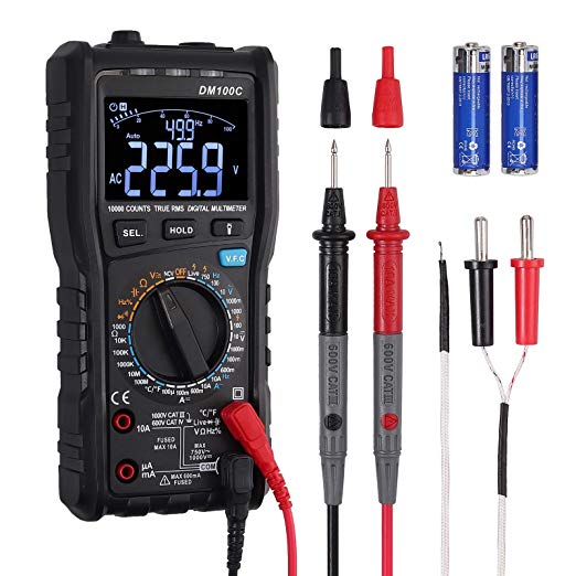 Neoteck TRMS 9999 Counts Digital Multimeter, 3-Line Display with Analog Bargraph NCV DMM VFC AC/DC Amp Volt Ohm Temperature Capacitance Live Wire Tester