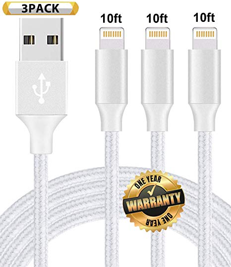 iPhone Charger,Suanna MFi Certified Lightning Cable 3 Pack 10FT Extra Long Nylon Braided USB Charging & Syncing Cord Compatible iPhone Xs/Max/XR/X/8/8Plus/7/7Plus/6S/6S Plus/SE/iPad/Nan - Silver