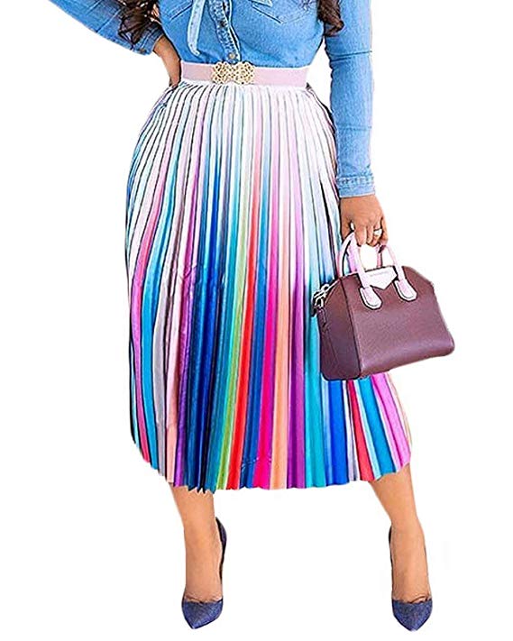 ThusFar Women's Graffiti Pleated Skirts Cartoon Printed Elastic Waist A-Line Swing Midi Skirt