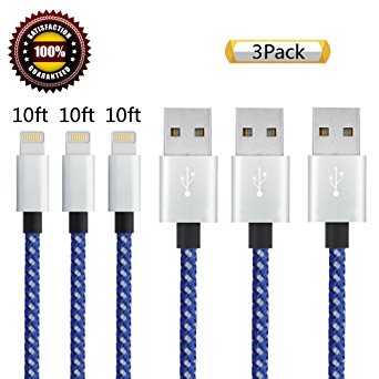iPhone Charger Suanna - 3Pack 10FT Extra Long Nylon Braided Cord Lightning Cable Certified to USB Charging Cable for iPhone 7, 7 Plus, 6S, 6 , SE, 5S, 5, iPad Air/Mini, iPod Nano 7 - (Blue White)