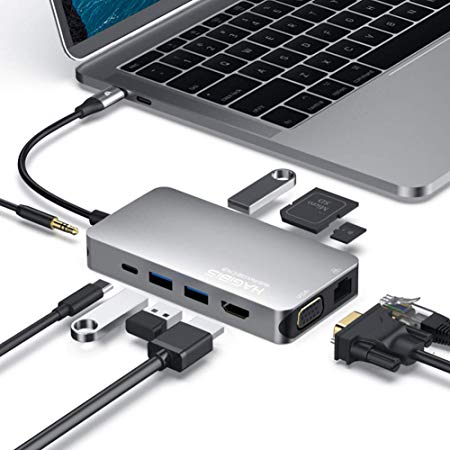 USB C Hub, Hagibis 10 in 1 Type-C Hub with Gigabit Ethernet Port, USB C to 3 USB 3.0 Ports, 4K HDMI, VGA, SD/TF Card Reader, Type-C PD Charging and AUX Port for MacBook Pro and Other Type-C Laptop