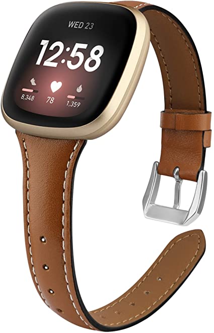 poshei Slim Leather Bands for Fitbit Versa 3 / Fitbit Sense,Top Grain Genuine Thin Leather Replacement Wristband Compatible with Fitbit Sense/Fitbit Versa 3 for Women Men (Brown)