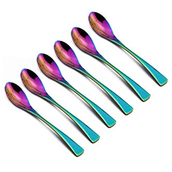 JANKNG 8 Inches 18/10 Stainless Steel Dessert Spoon, Mirror Finished Colorful Rainbow, Set of 6