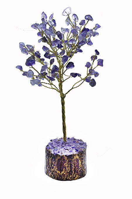 Crocon Natural Gemstone Bonsai Money Tree for Good Luck, Wealth Health & Prosperity Spiritual Gift Crystal Energy Feng Shui Home Table Decor Size 7-8 inch (Amethyst (Golden Wire))