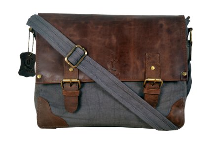 Cuero 14" Canvas Leather Messenger Shoulder Leather Bag Satchel Leather Bag for Men's and Women
